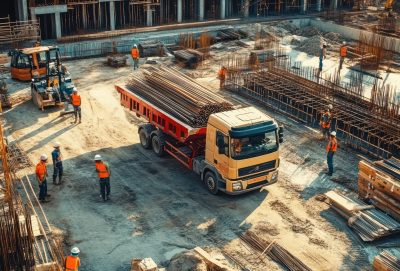 A construction site with a truck delivering materials, workers unloading as the truck stands by